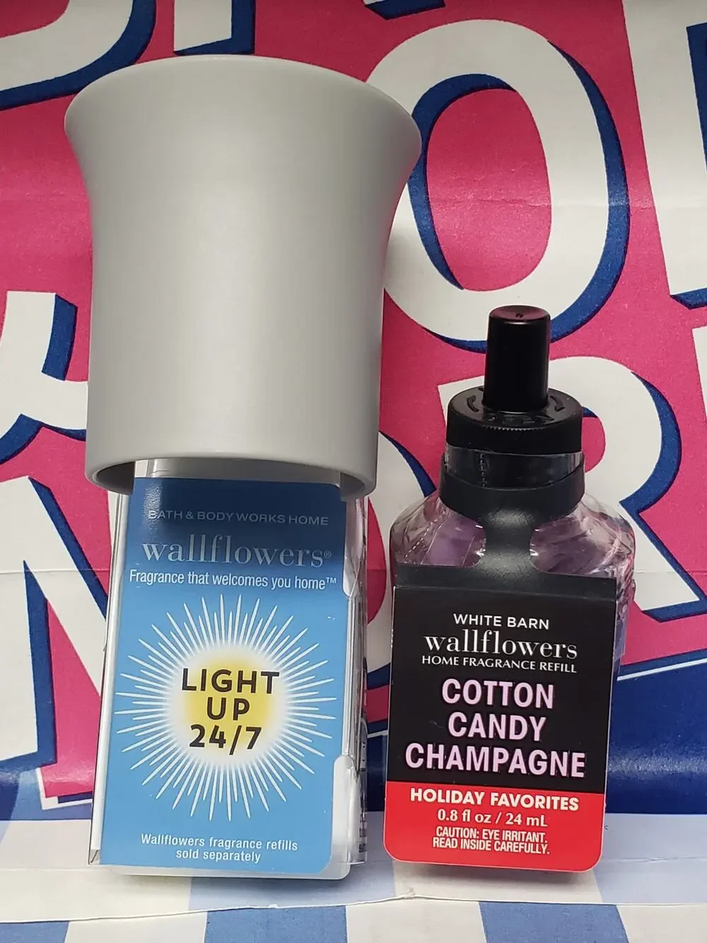 BBW Gray Flare 24/7 Light Up Fragrance Wallflower Plug In & Cotton Candy Refill